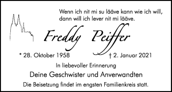 Anzeige von Freddy Peiffer von Kölner Stadt-Anzeiger / Kölnische Rundschau / Express