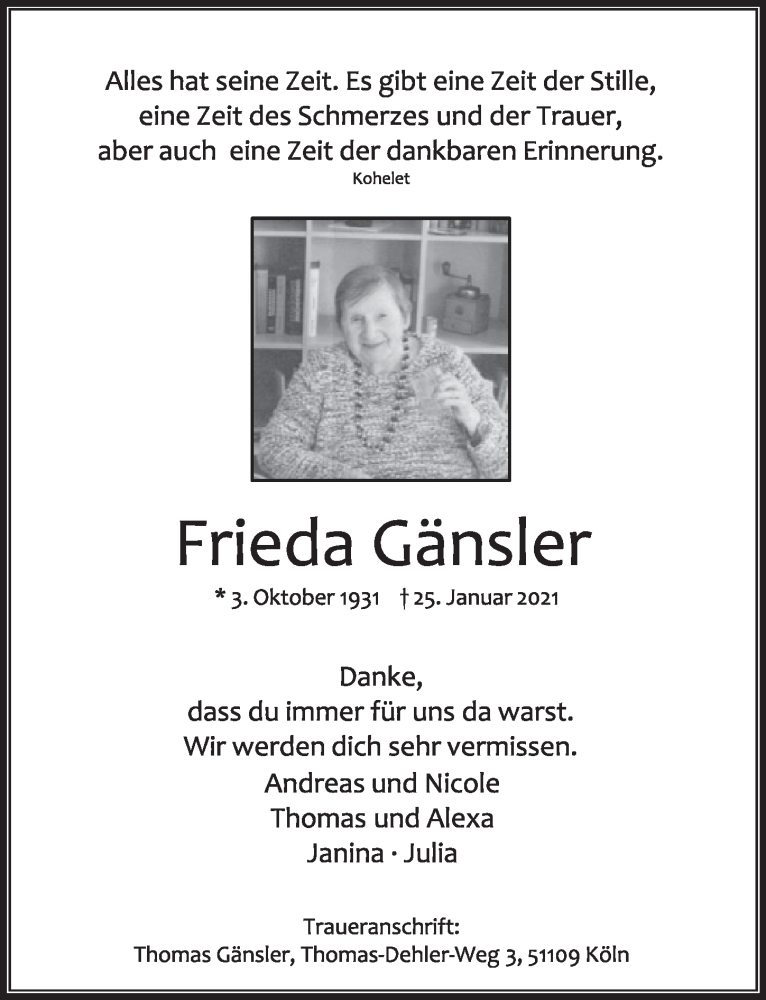  Traueranzeige für Frieda Gänsler vom 19.02.2021 aus  Kölner Wochenspiegel 