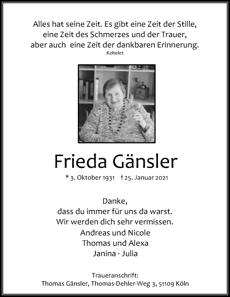 Traueranzeige für Frieda Gänsler vom 20.02.2021 aus Kölner Stadt-Anzeiger / Kölnische Rundschau / Express