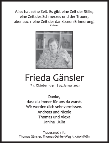 Anzeige von Frieda Gänsler von  Kölner Wochenspiegel 
