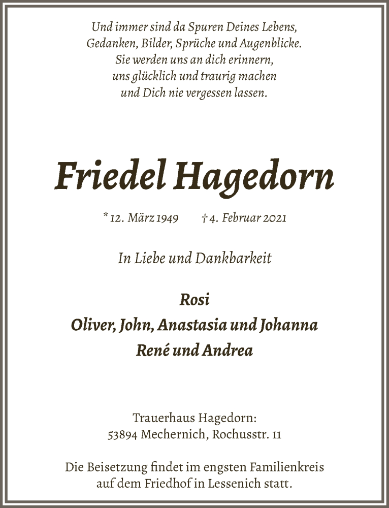  Traueranzeige für Friedel Hagedorn vom 13.02.2021 aus  Blickpunkt Euskirchen 