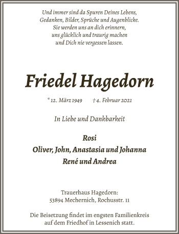 Anzeige von Friedel Hagedorn von  Blickpunkt Euskirchen 