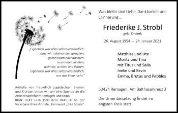 Anzeige von Friederike J. Strobl von Kölner Stadt-Anzeiger / Kölnische Rundschau / Express
