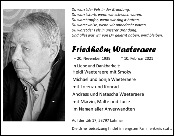 Anzeige von Friedhelm Waeteraere von Kölner Stadt-Anzeiger / Kölnische Rundschau / Express