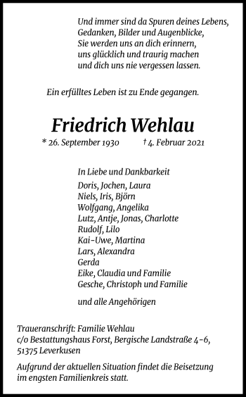 Anzeige von Friedrich Wehlau von Kölner Stadt-Anzeiger / Kölnische Rundschau / Express