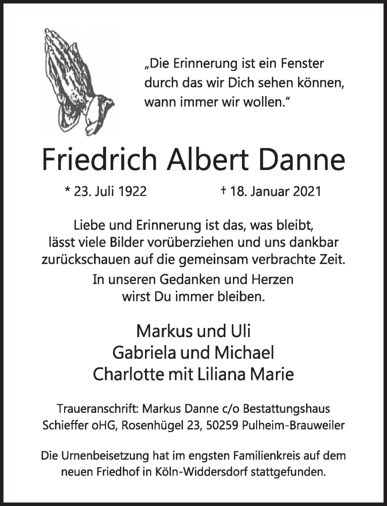  Traueranzeige für Friedrich Albert Danne vom 05.02.2021 aus  Wochenende 