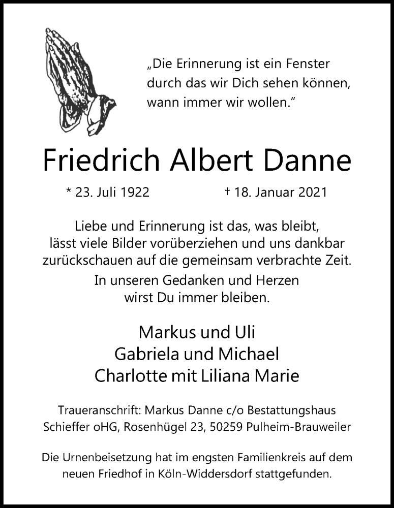  Traueranzeige für Friedrich Albert Danne vom 06.02.2021 aus Kölner Stadt-Anzeiger / Kölnische Rundschau / Express