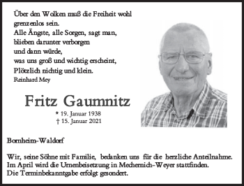 Anzeige von Fritz Gaumnitz von  Schaufenster/Blickpunkt 