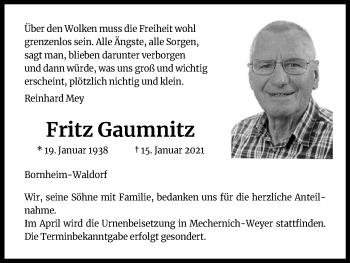 Anzeige von Fritz Gaumnitz von Kölner Stadt-Anzeiger / Kölnische Rundschau / Express