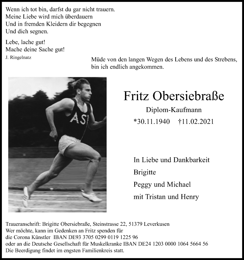  Traueranzeige für Fritz Obersiebraße vom 27.02.2021 aus Kölner Stadt-Anzeiger / Kölnische Rundschau / Express