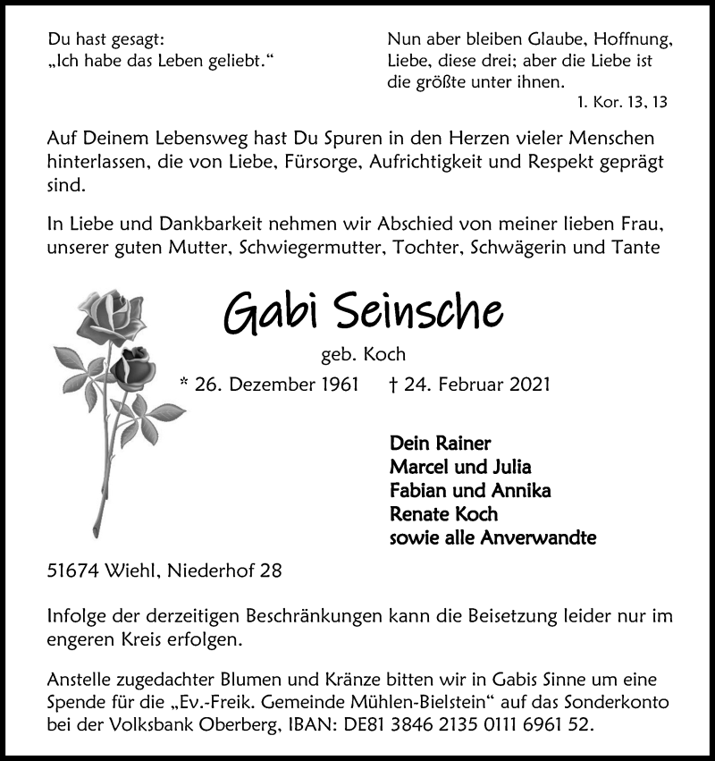  Traueranzeige für Gabi Seinsche vom 27.02.2021 aus Kölner Stadt-Anzeiger / Kölnische Rundschau / Express
