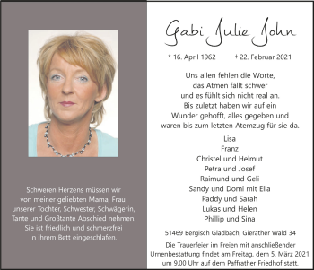 Anzeige von Gabi Julie John von  Bergisches Handelsblatt 