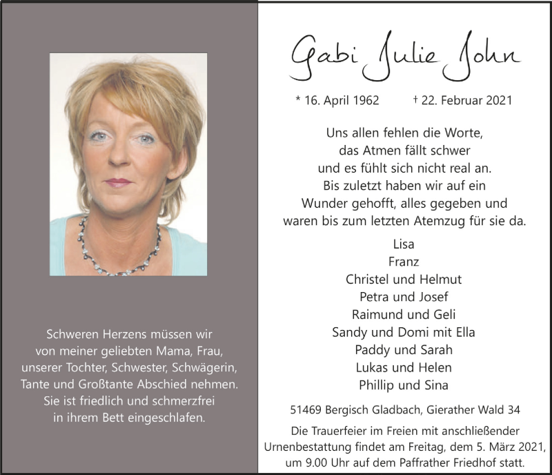  Traueranzeige für Gabi Julie John vom 26.02.2021 aus  Bergisches Handelsblatt 