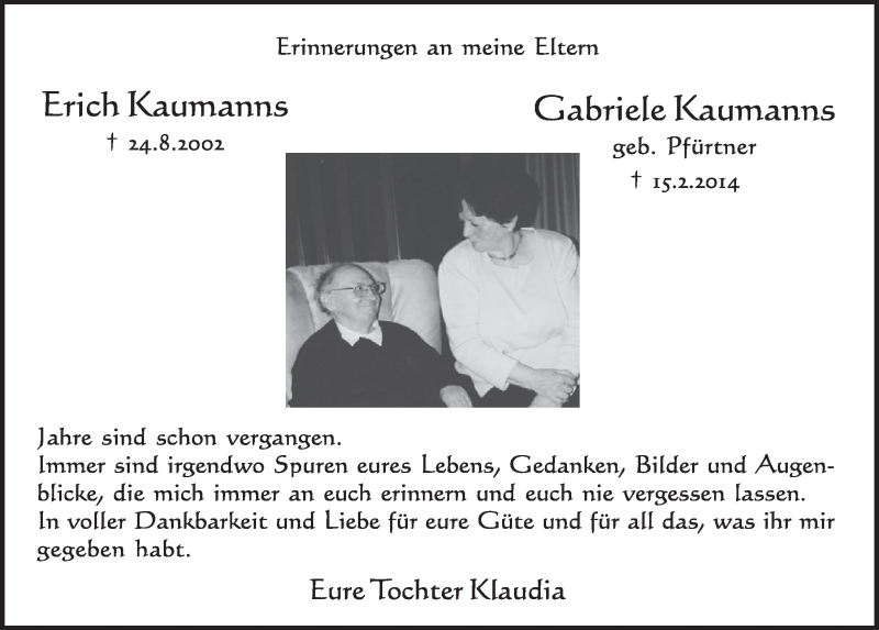 Traueranzeige für Gabriele Kaumanns vom 12.02.2021 aus  Schlossbote/Werbekurier 