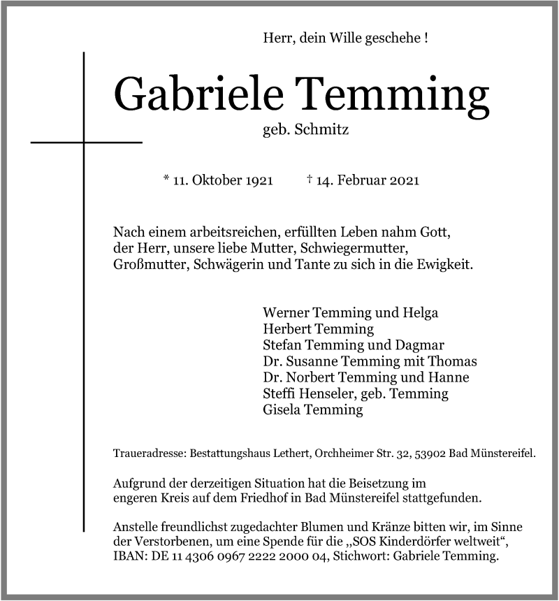  Traueranzeige für Gabriele Temming vom 20.02.2021 aus  Blickpunkt Euskirchen 