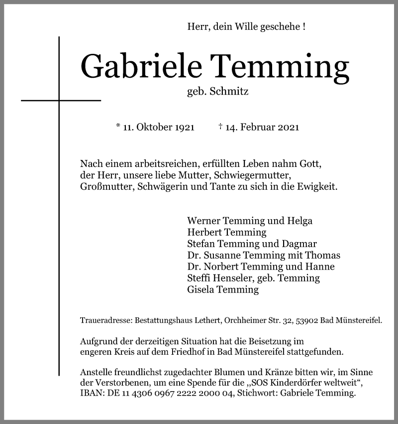  Traueranzeige für Gabriele Temming vom 20.02.2021 aus Kölner Stadt-Anzeiger / Kölnische Rundschau / Express