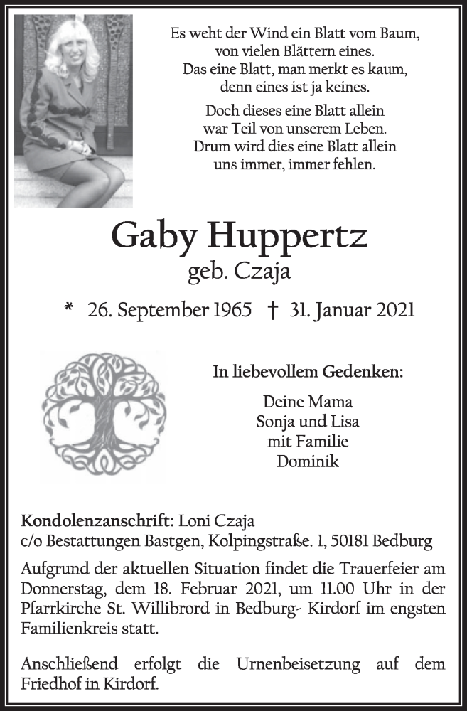  Traueranzeige für Gaby Huppertz vom 12.02.2021 aus  Werbepost 
