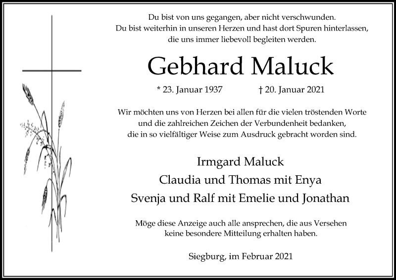  Traueranzeige für Gebhard Maluck vom 27.02.2021 aus Kölner Stadt-Anzeiger / Kölnische Rundschau / Express