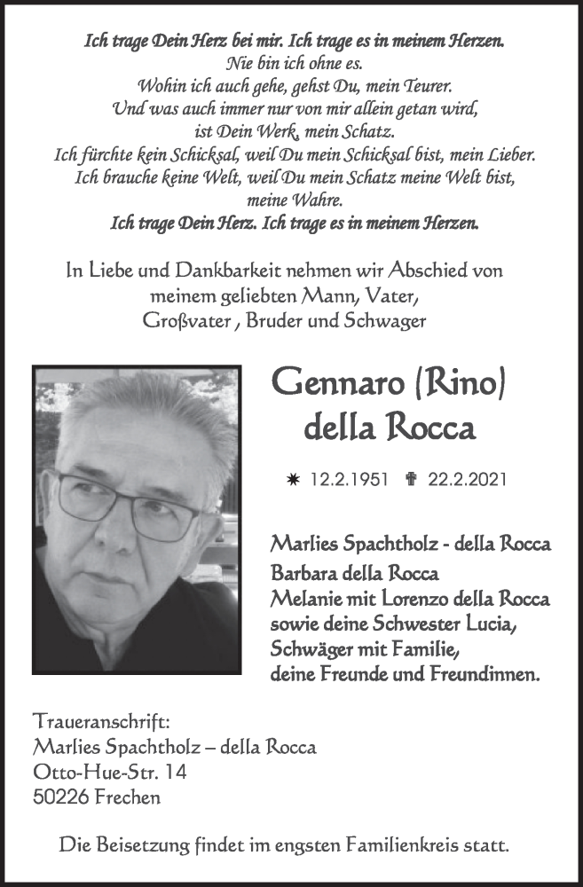  Traueranzeige für Gennaro della Rocca vom 26.02.2021 aus  Wochenende 