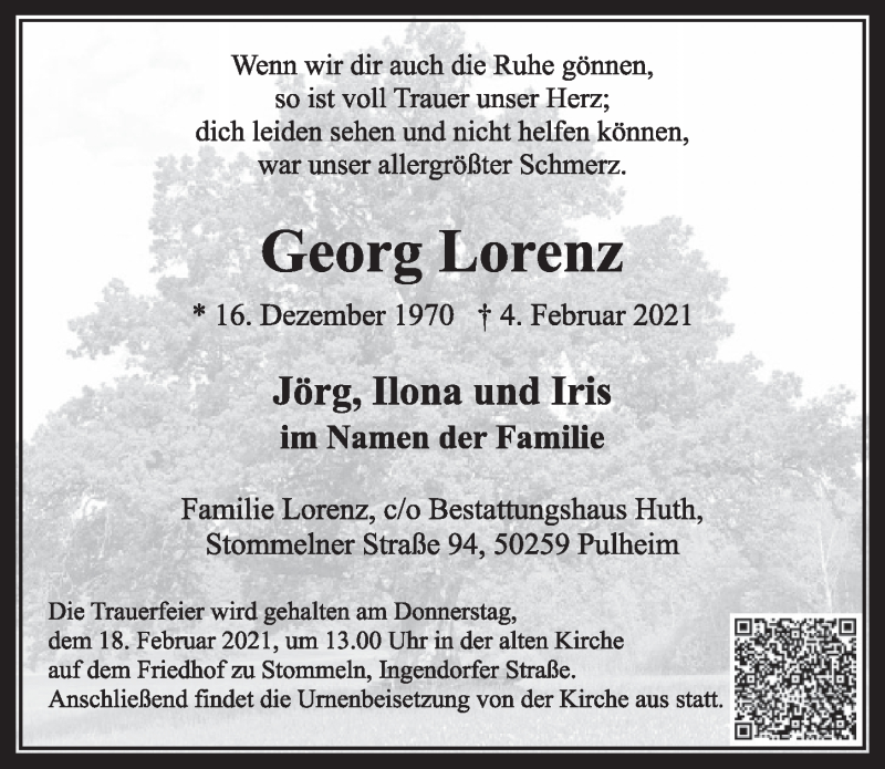  Traueranzeige für Georg Lorenz vom 12.02.2021 aus  Wochenende 