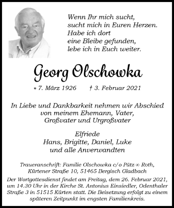 Anzeige von Georg Olschowka von  Bergisches Handelsblatt 