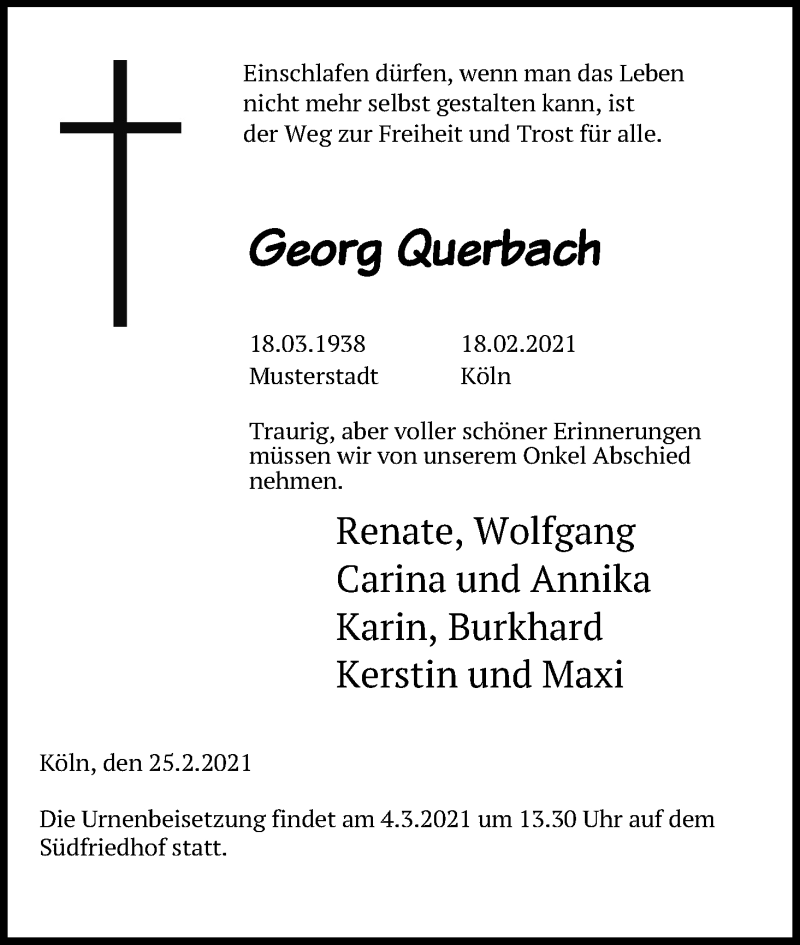  Traueranzeige für Georg Querbach vom 27.02.2021 aus Kölner Stadt-Anzeiger / Kölnische Rundschau / Express