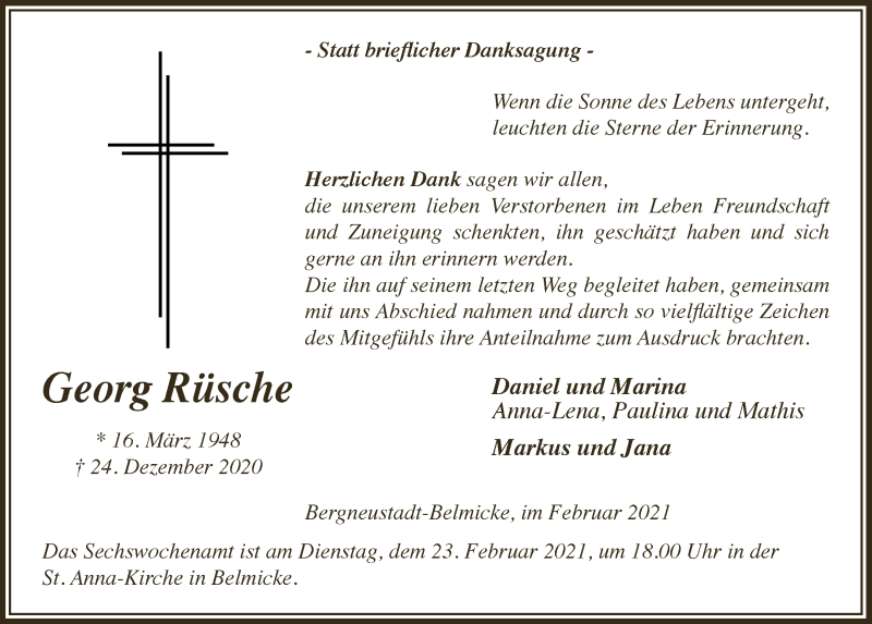  Traueranzeige für Georg Rüsche vom 19.02.2021 aus  Anzeigen Echo 