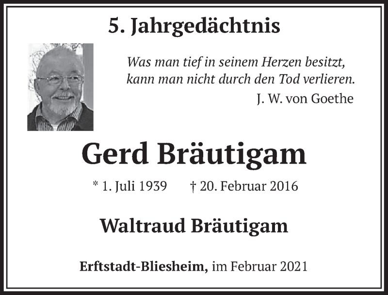 Traueranzeige für Gerd Bräutigam vom 19.02.2021 aus  Werbepost 