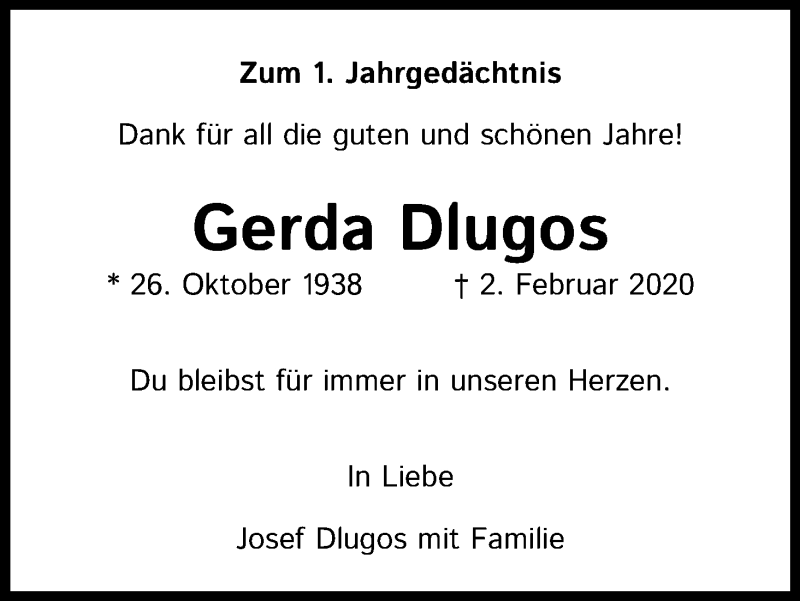  Traueranzeige für Gerda Dlugos vom 02.02.2021 aus Kölner Stadt-Anzeiger / Kölnische Rundschau / Express
