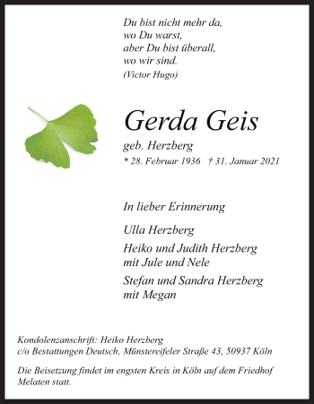 Anzeige von Gerda Geis von Kölner Stadt-Anzeiger / Kölnische Rundschau / Express