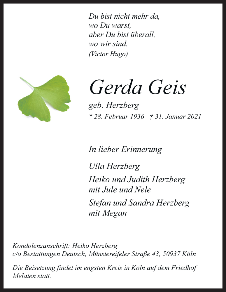  Traueranzeige für Gerda Geis vom 06.02.2021 aus Kölner Stadt-Anzeiger / Kölnische Rundschau / Express