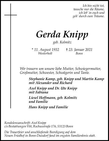 Anzeige von Gerda Knipp von Kölner Stadt-Anzeiger / Kölnische Rundschau / Express