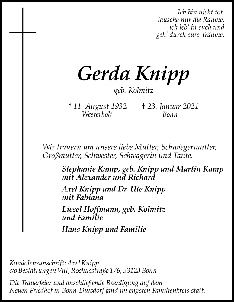  Traueranzeige für Gerda Knipp vom 06.02.2021 aus Kölner Stadt-Anzeiger / Kölnische Rundschau / Express