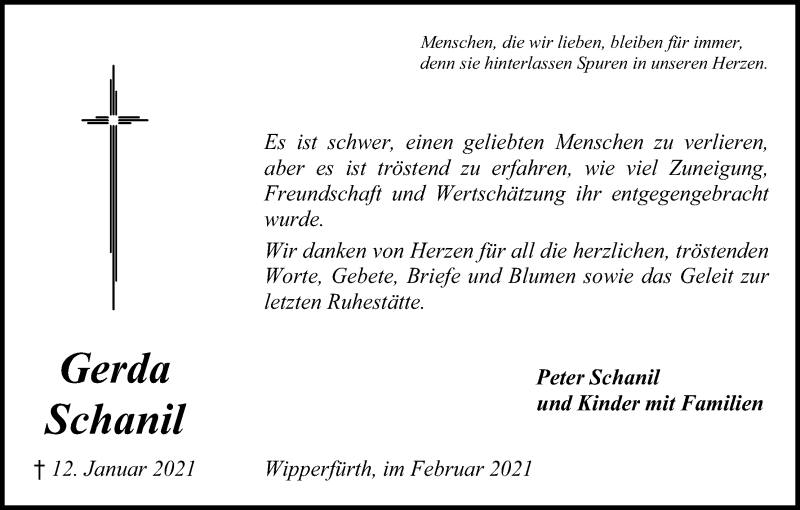  Traueranzeige für Gerda Schanil vom 20.02.2021 aus Kölner Stadt-Anzeiger / Kölnische Rundschau / Express