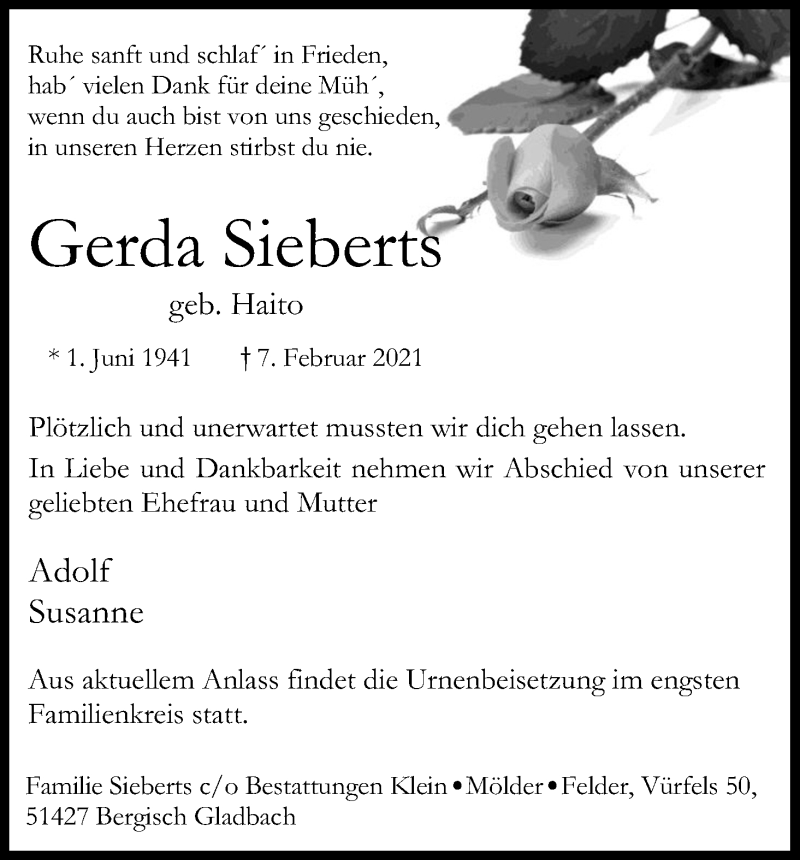  Traueranzeige für Gerda Sieberts vom 20.02.2021 aus Kölner Stadt-Anzeiger / Kölnische Rundschau / Express