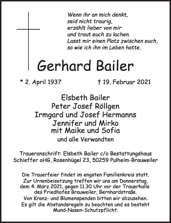 Anzeige von Gerhard Bailer von  Wochenende 