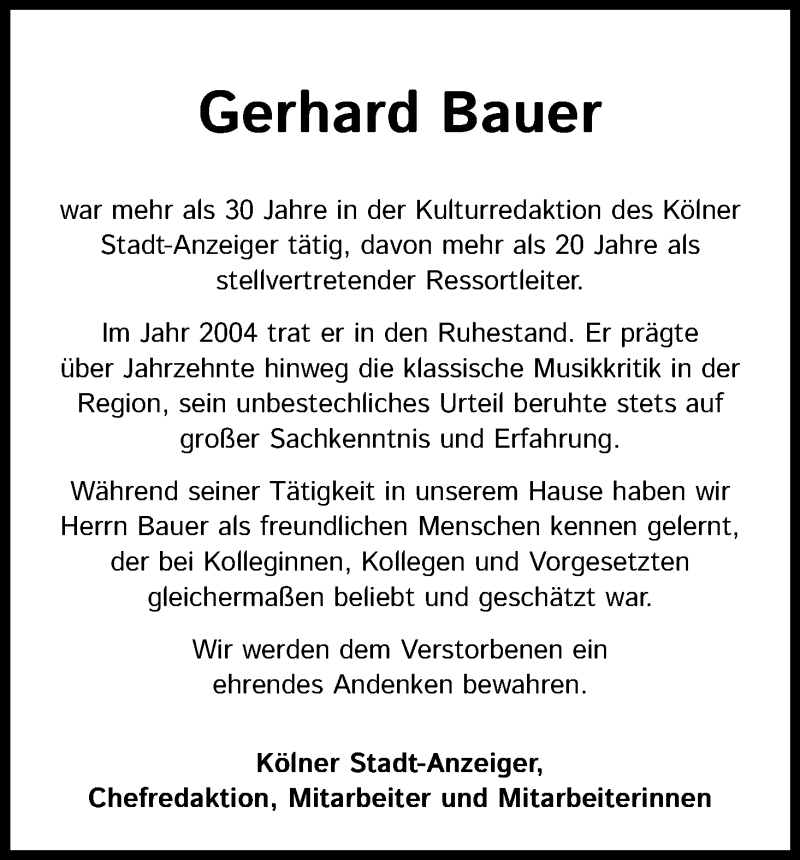  Traueranzeige für Gerhard Bauer vom 06.02.2021 aus Kölner Stadt-Anzeiger / Kölnische Rundschau / Express