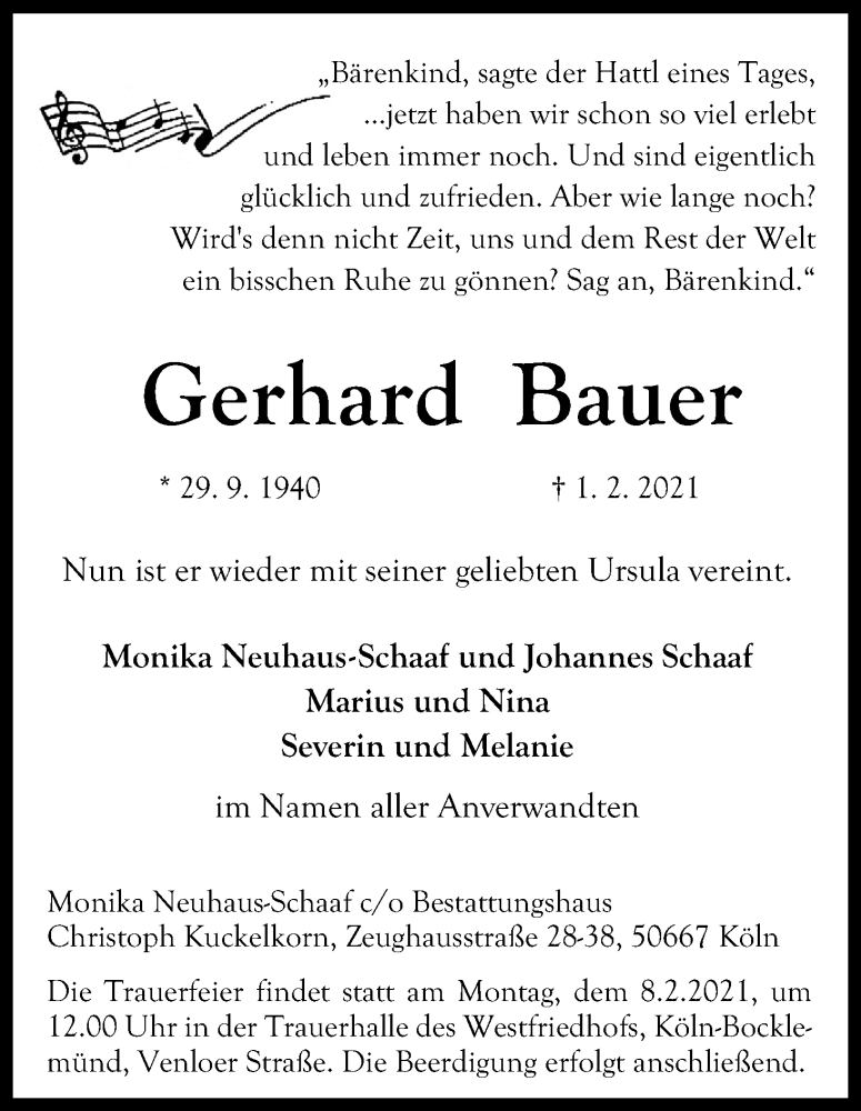  Traueranzeige für Gerhard Bauer vom 06.02.2021 aus Kölner Stadt-Anzeiger / Kölnische Rundschau / Express