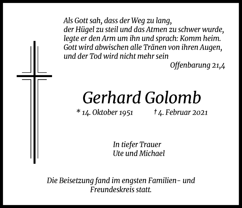  Traueranzeige für Gerhard Golomb vom 20.02.2021 aus Kölner Stadt-Anzeiger / Kölnische Rundschau / Express