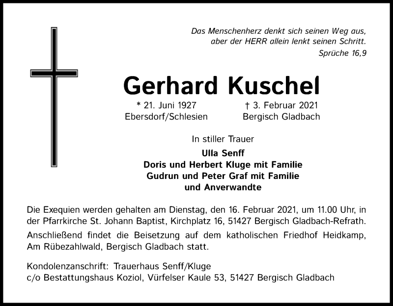  Traueranzeige für Gerhard Kuschel vom 13.02.2021 aus Kölner Stadt-Anzeiger / Kölnische Rundschau / Express