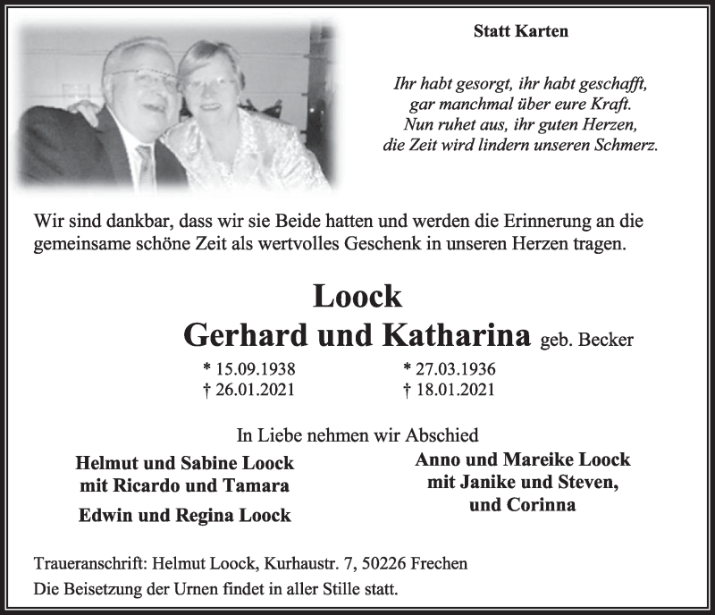  Traueranzeige für Gerhard Loock vom 12.02.2021 aus  Wochenende 
