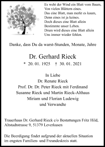 Anzeige von Gerhard Rieck von Kölner Stadt-Anzeiger / Kölnische Rundschau / Express