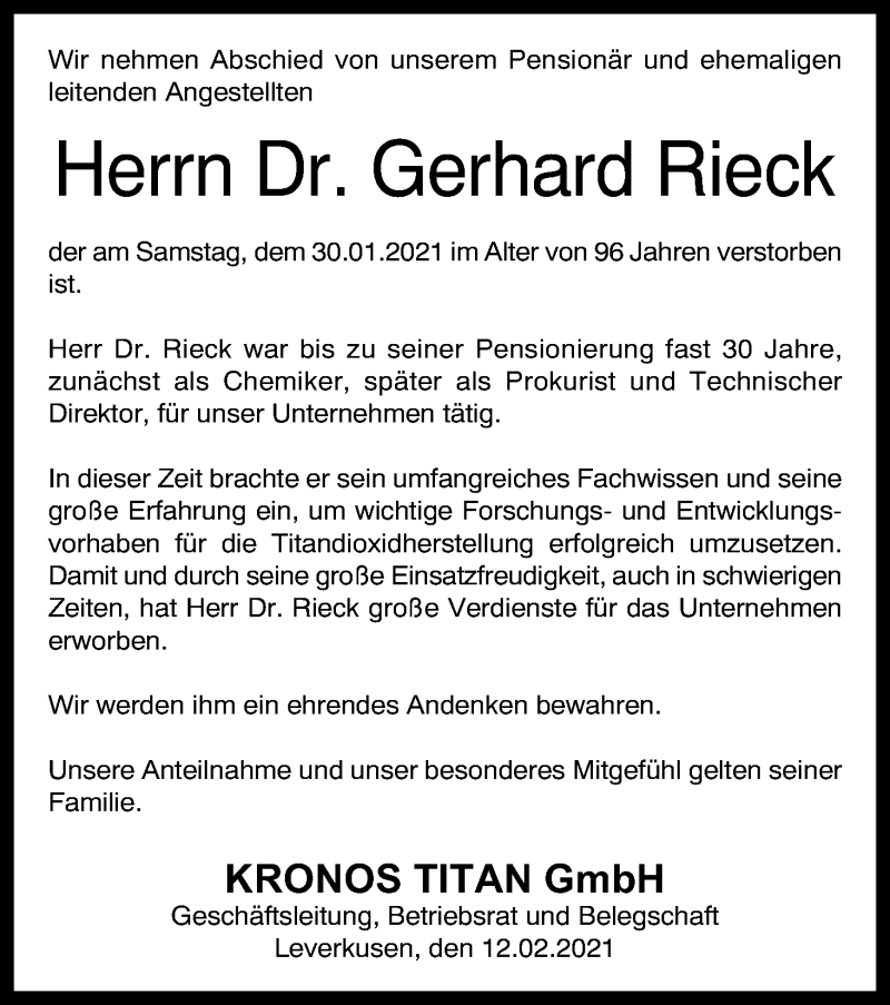  Traueranzeige für Gerhard Rieck vom 13.02.2021 aus Kölner Stadt-Anzeiger / Kölnische Rundschau / Express