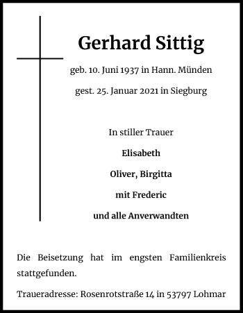 Anzeige von Gerhard Sittig von Kölner Stadt-Anzeiger / Kölnische Rundschau / Express