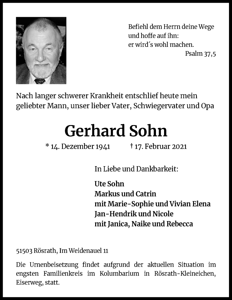  Traueranzeige für Gerhard Sohn vom 27.02.2021 aus Kölner Stadt-Anzeiger / Kölnische Rundschau / Express