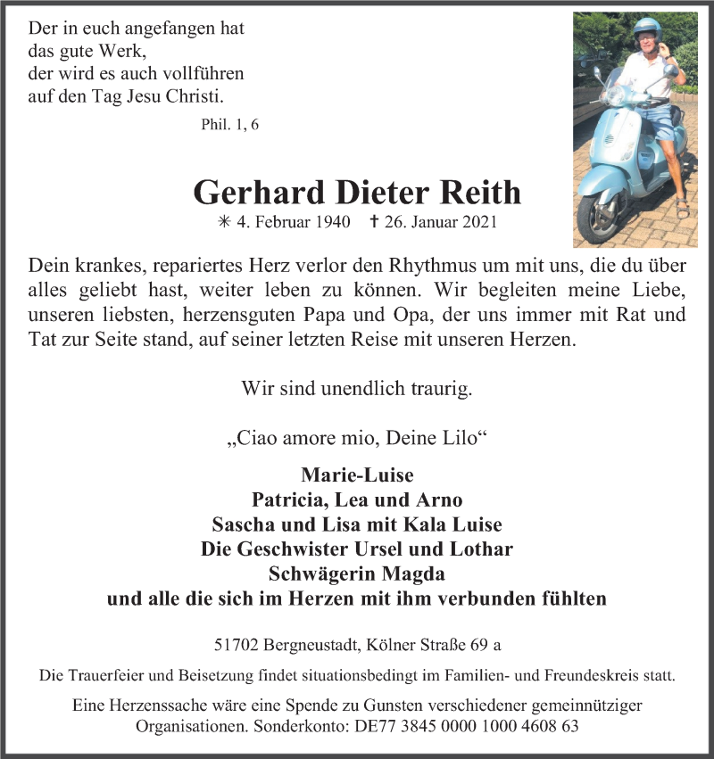  Traueranzeige für Gerhard Dieter Reith vom 06.02.2021 aus Kölner Stadt-Anzeiger / Kölnische Rundschau / Express