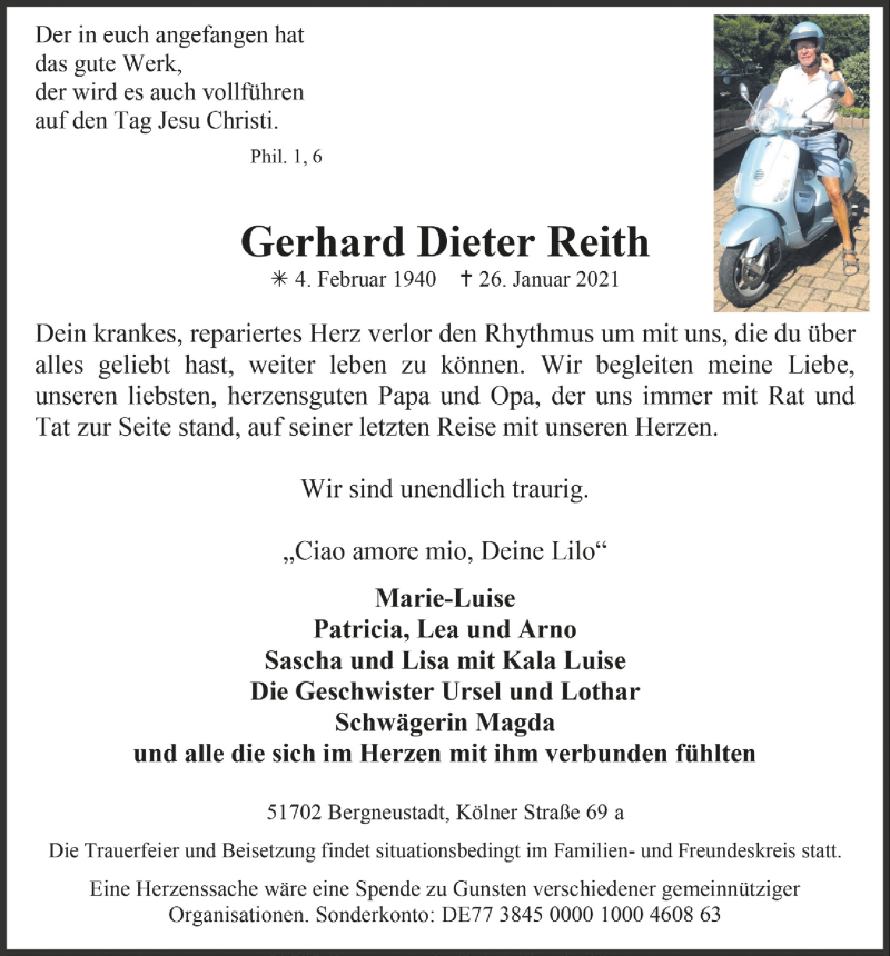  Traueranzeige für Gerhard Dieter Reith vom 05.02.2021 aus  Anzeigen Echo 
