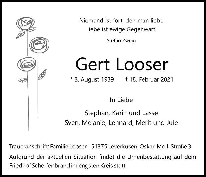  Traueranzeige für Gert Looser vom 27.02.2021 aus Kölner Stadt-Anzeiger / Kölnische Rundschau / Express