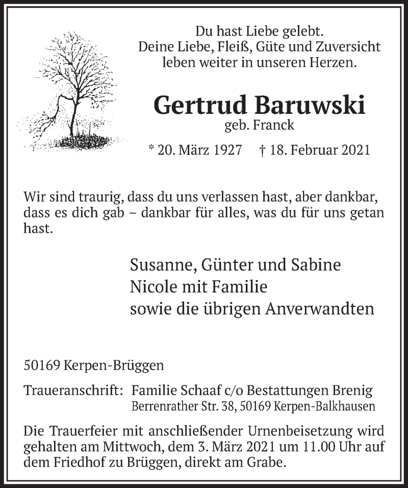 Traueranzeige für Gertrud Baruwski vom 26.02.2021 aus  Werbepost 