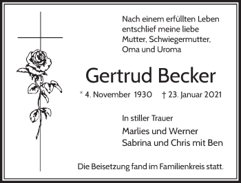 Anzeige von Gertrud Becker von  Wochenende 